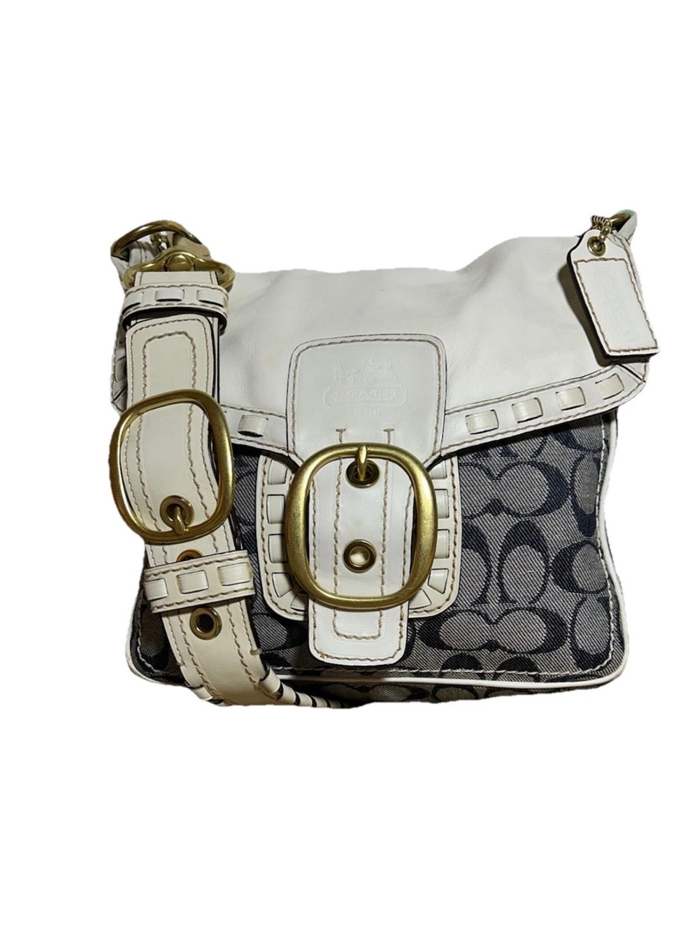 Coach Legacy Shoulder Bag, Signature Blue Denim, White Laced Leather/Trim, Brass